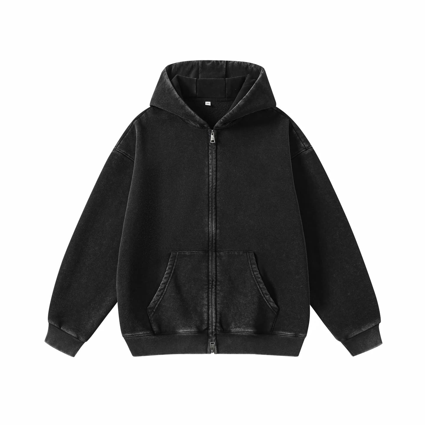 Washed Relaxed Zip-Up Hoodie in Black, front flat lay