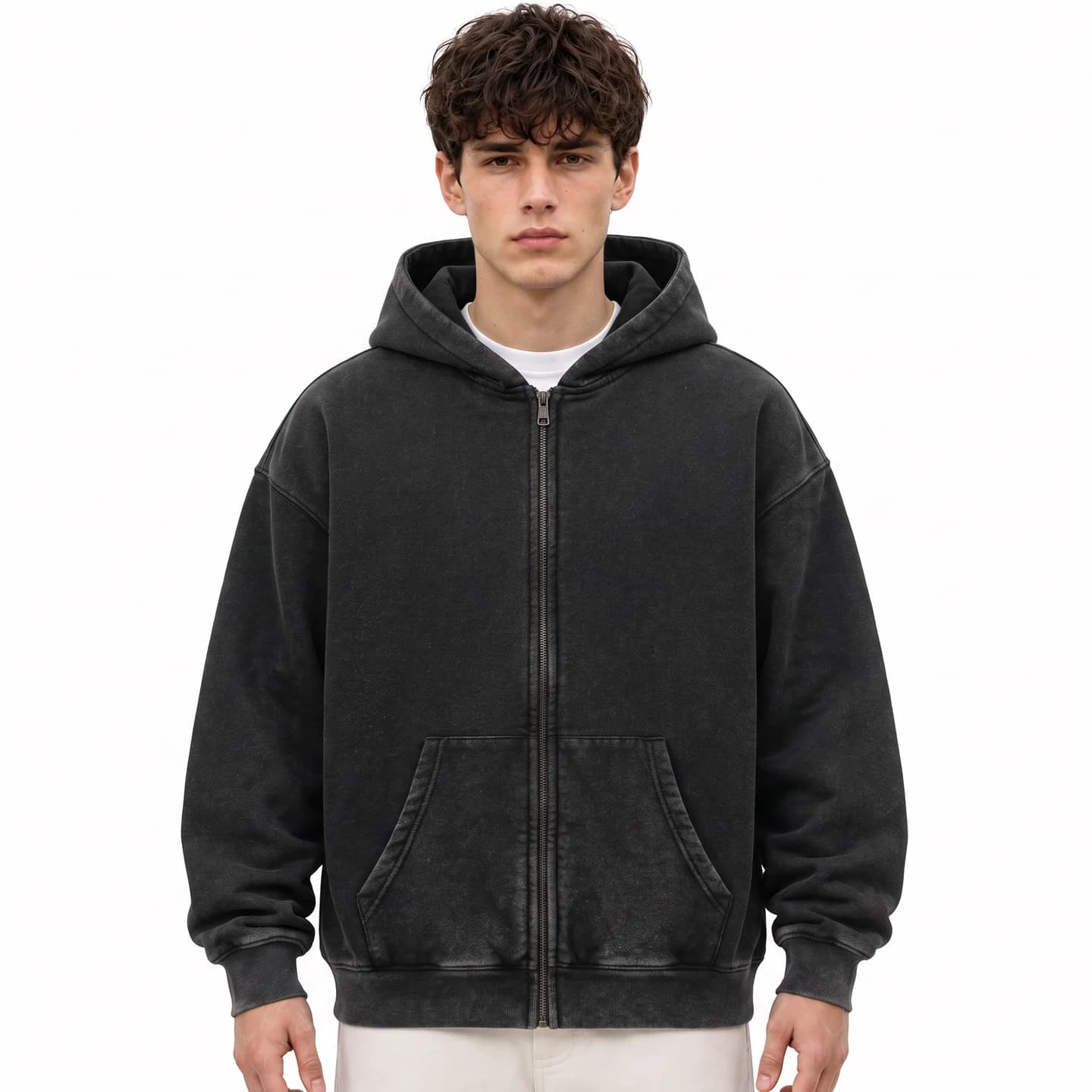 Washed Relaxed Zip-Up Hoodie in Black, relaxed men's fit