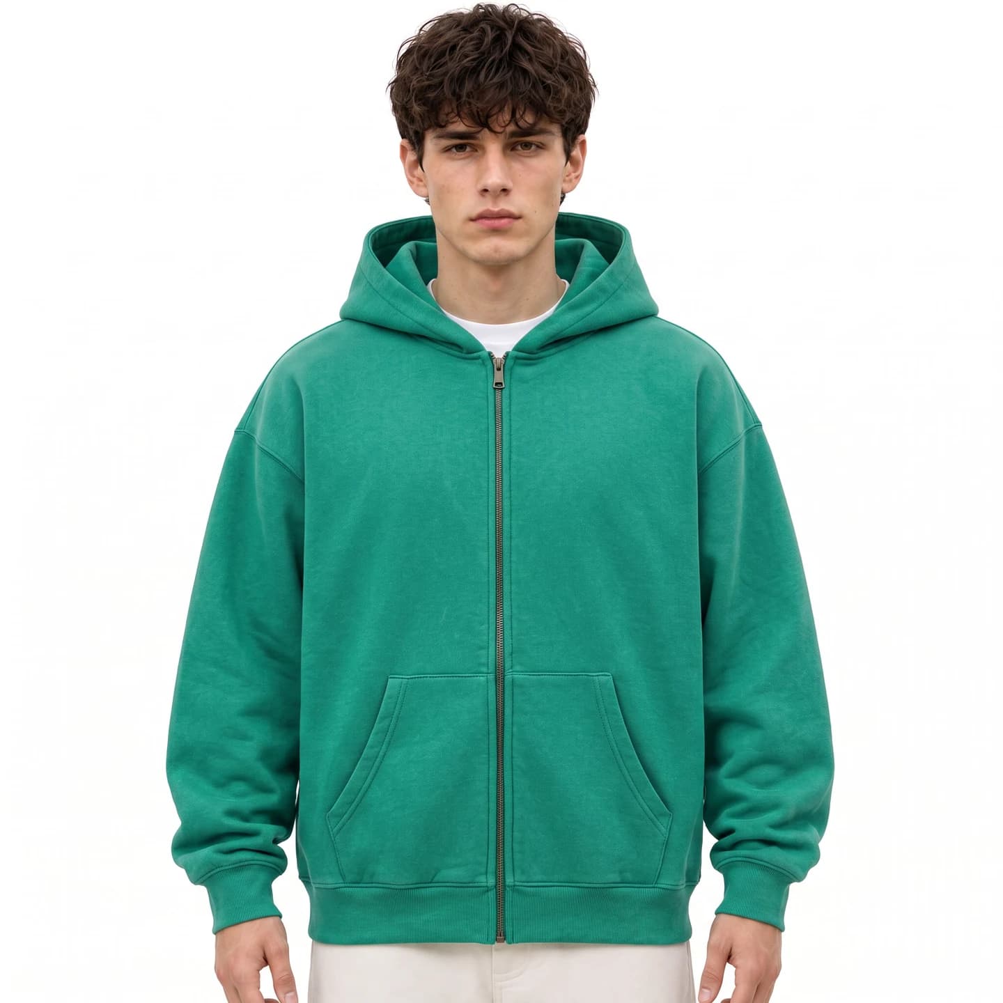 Washed Relaxed Zip-Up Hoodie in Green, relaxed men's fit