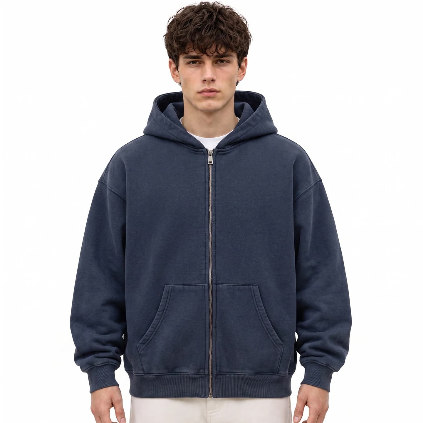 Washed Relaxed Zip-Up Hoodie in Navy, relaxed men's fit
