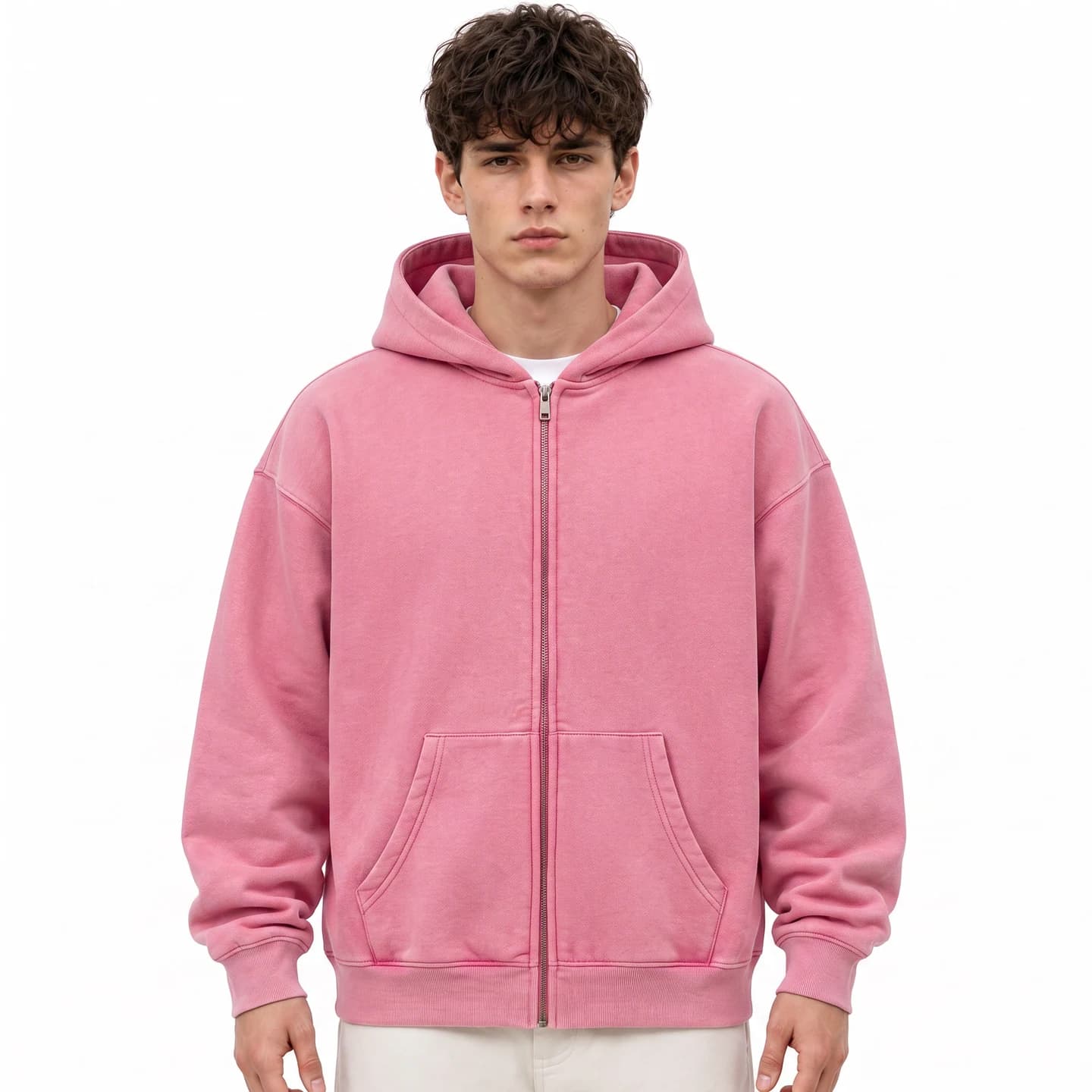 Washed Relaxed Zip-Up Hoodie in Rose Pink, relaxed men's fit