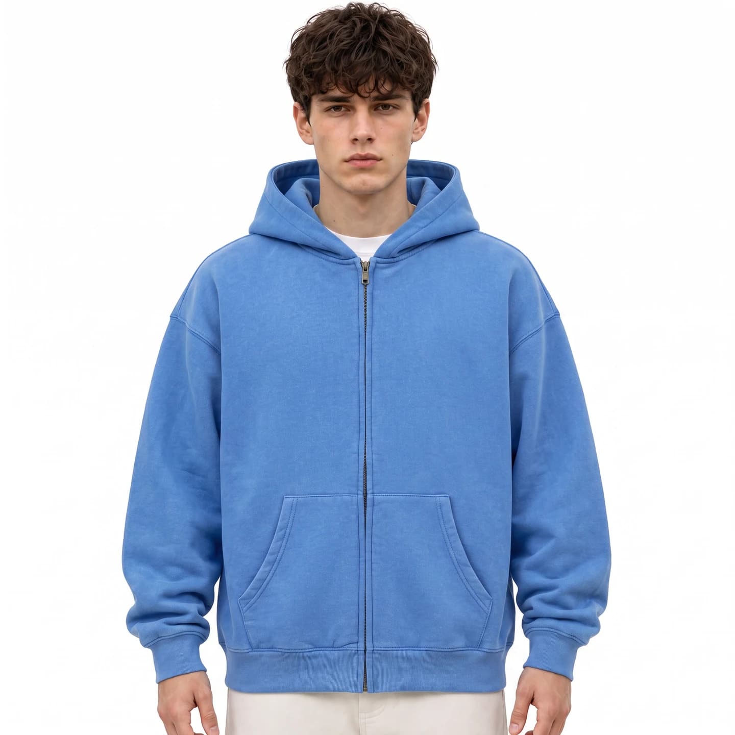 Washed Relaxed Zip-Up Hoodie in Royal Blue, relaxed men's fit