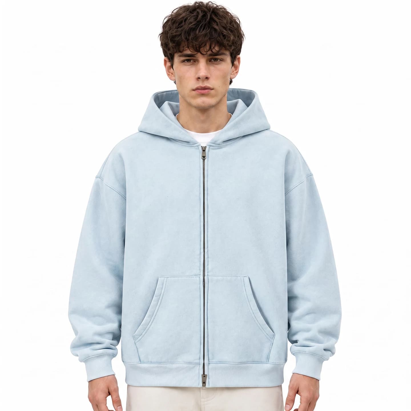 Washed Relaxed Zip-Up Hoodie in Sky Blue, relaxed men's fit