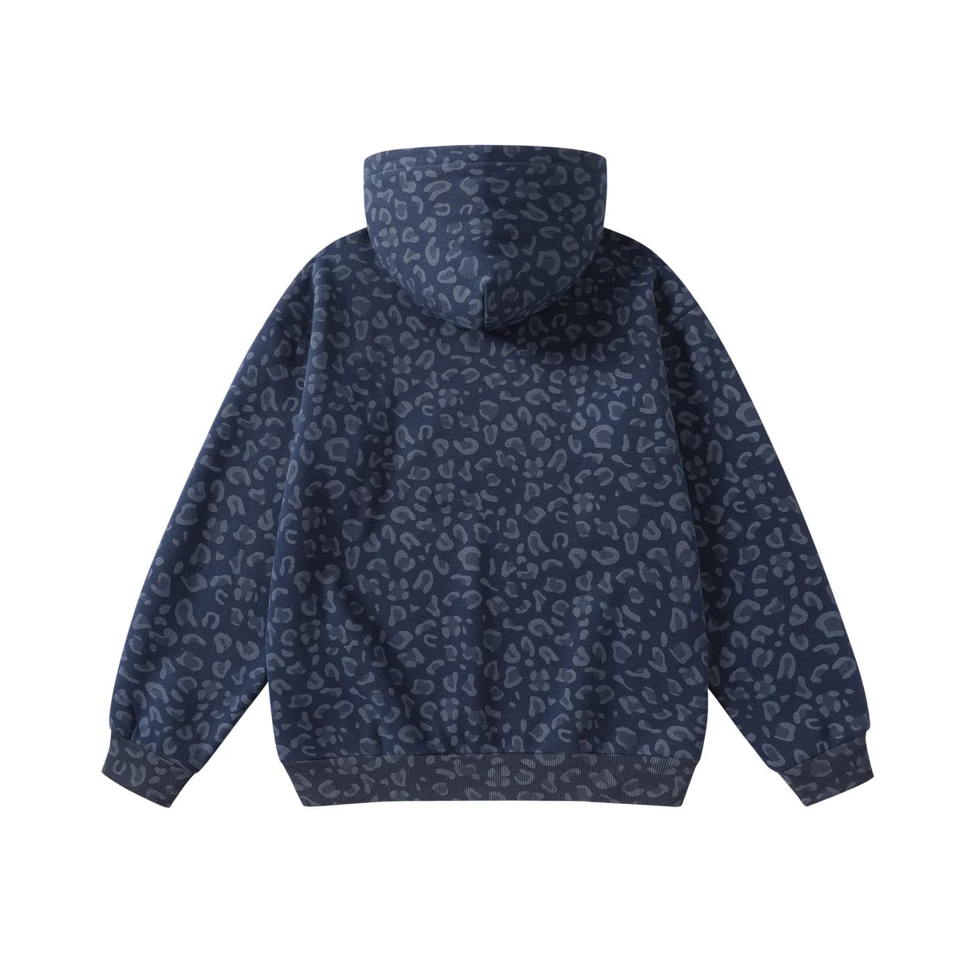 Leopard Print Relaxed Pullover Hoodie in Navy Leopard, back flat lay