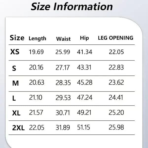 Shorts garment measurements in inches