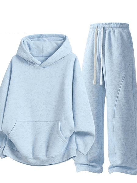 Marble Print Hoodie & Wide-Leg Sweatpants Set in Sky Blue, front flat lay