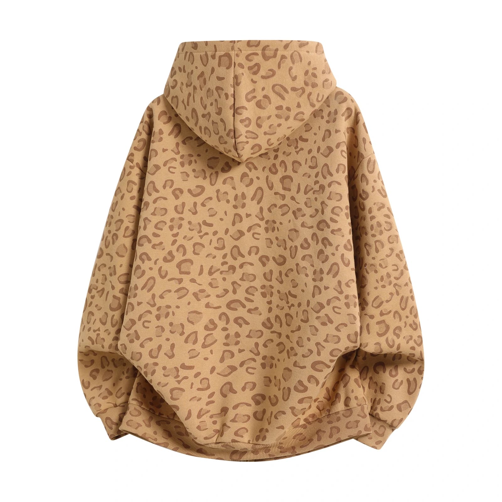 Leopard Print Relaxed Zip-Up Hoodie in Khaki Leopard, back flat lay