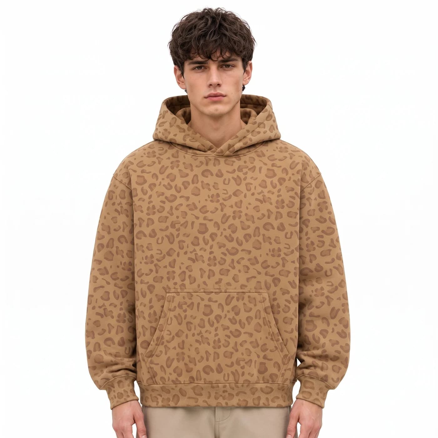 Leopard Print Relaxed Pullover Hoodie in Khaki Leopard, relaxed men's fit