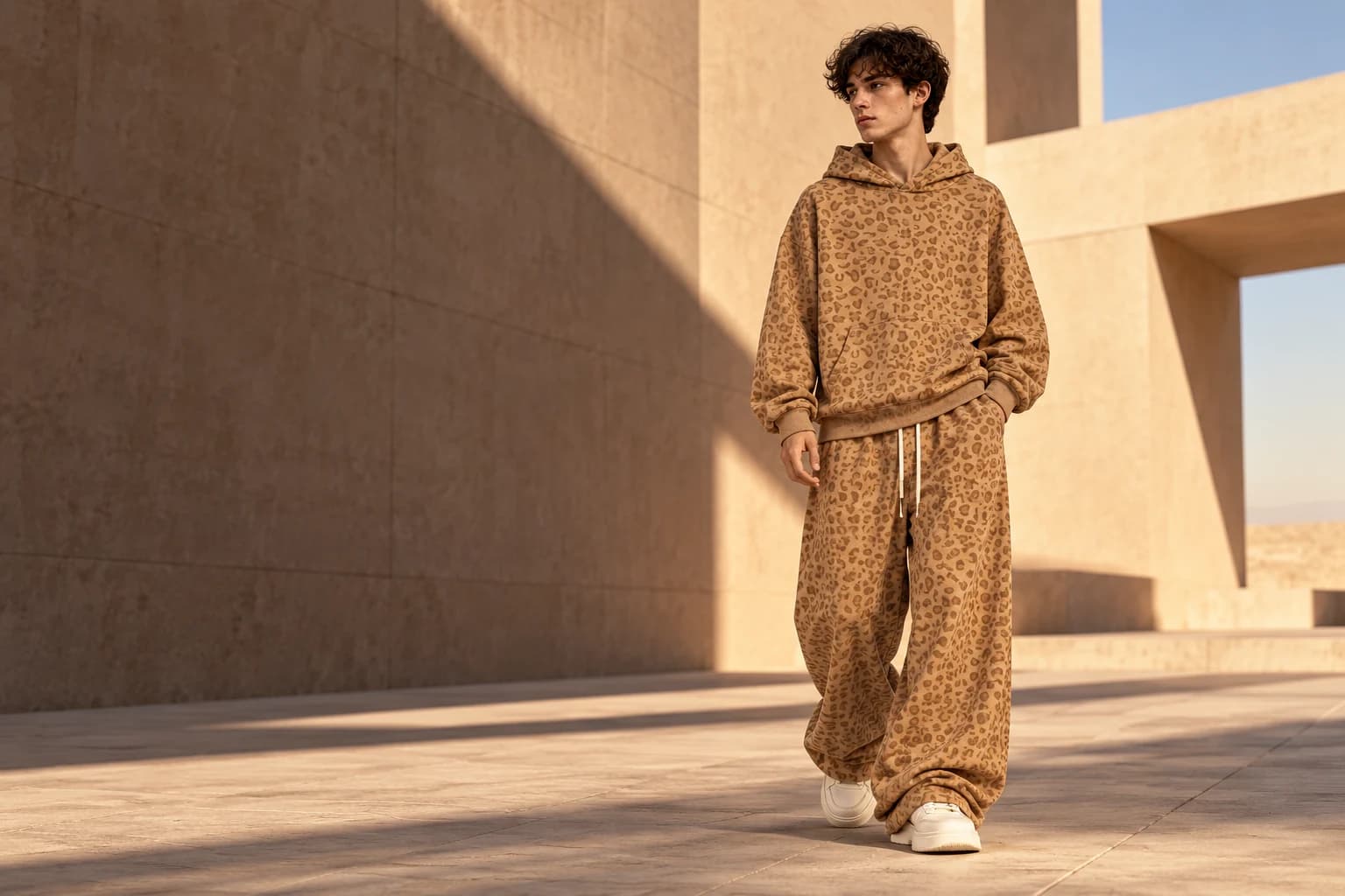 Male model in a relaxed khaki leopard hoodie and wide-leg sweatpants at a sunlit plaza
