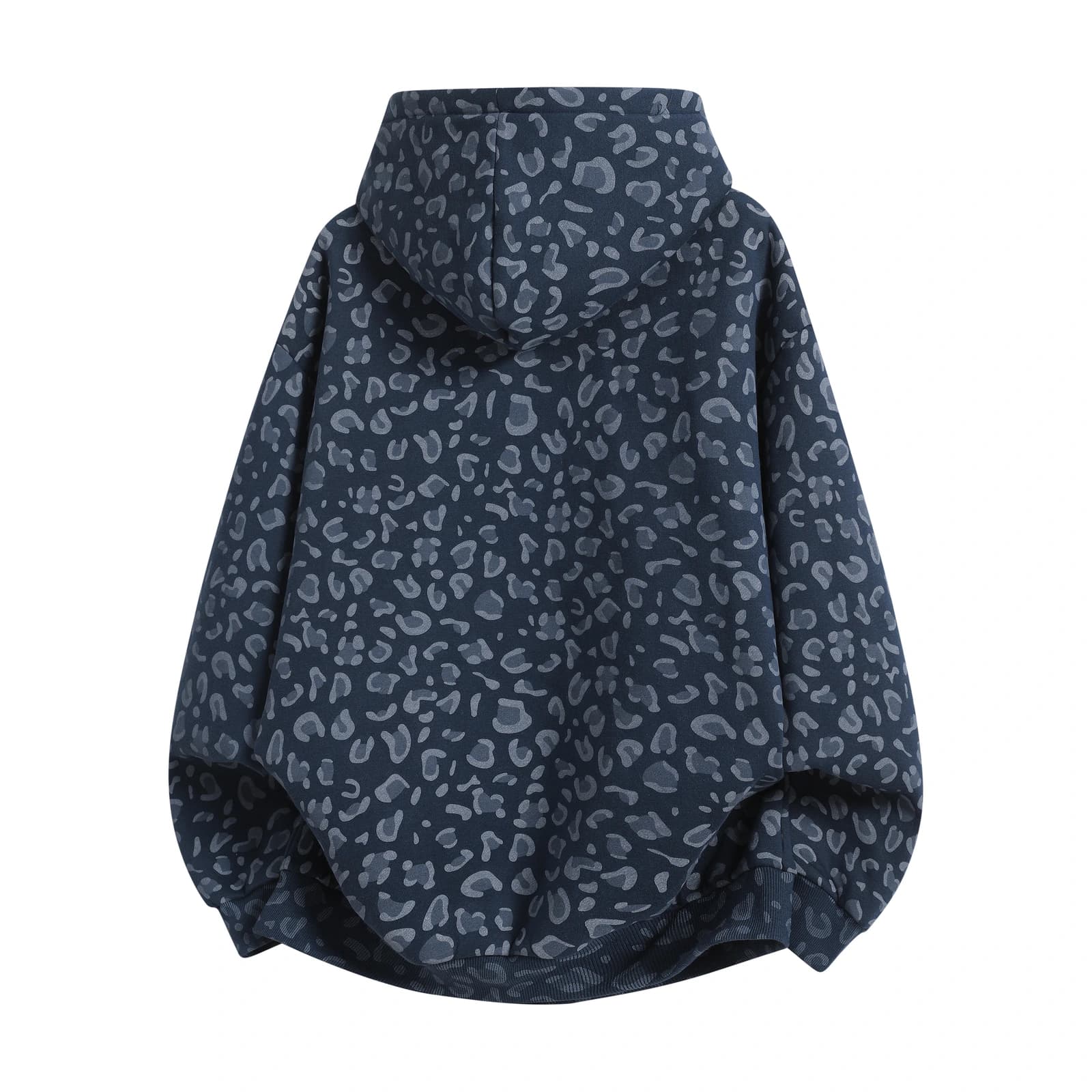 Leopard Print Relaxed Zip-Up Hoodie in Navy Leopard, back flat lay