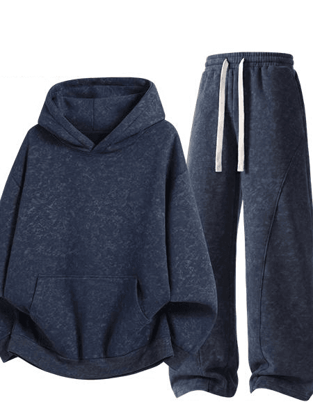 Marble Print Hoodie & Wide-Leg Sweatpants Set in Navy, front flat lay
