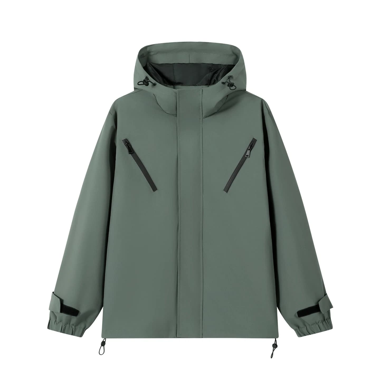 Relaxed Twin-Pocket Hooded Jacket in Sage Green, front flat lay