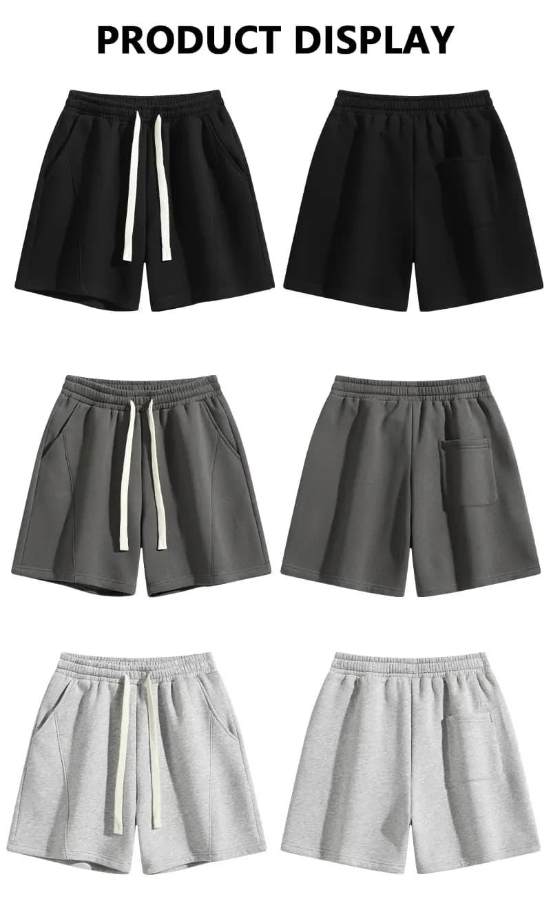 Black, charcoal and light gray shorts front and back