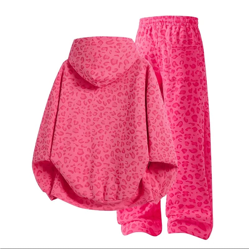 Leopard Print Hoodie & Wide-Leg Sweatpants Set in Hot Pink Leopard, back flat lay