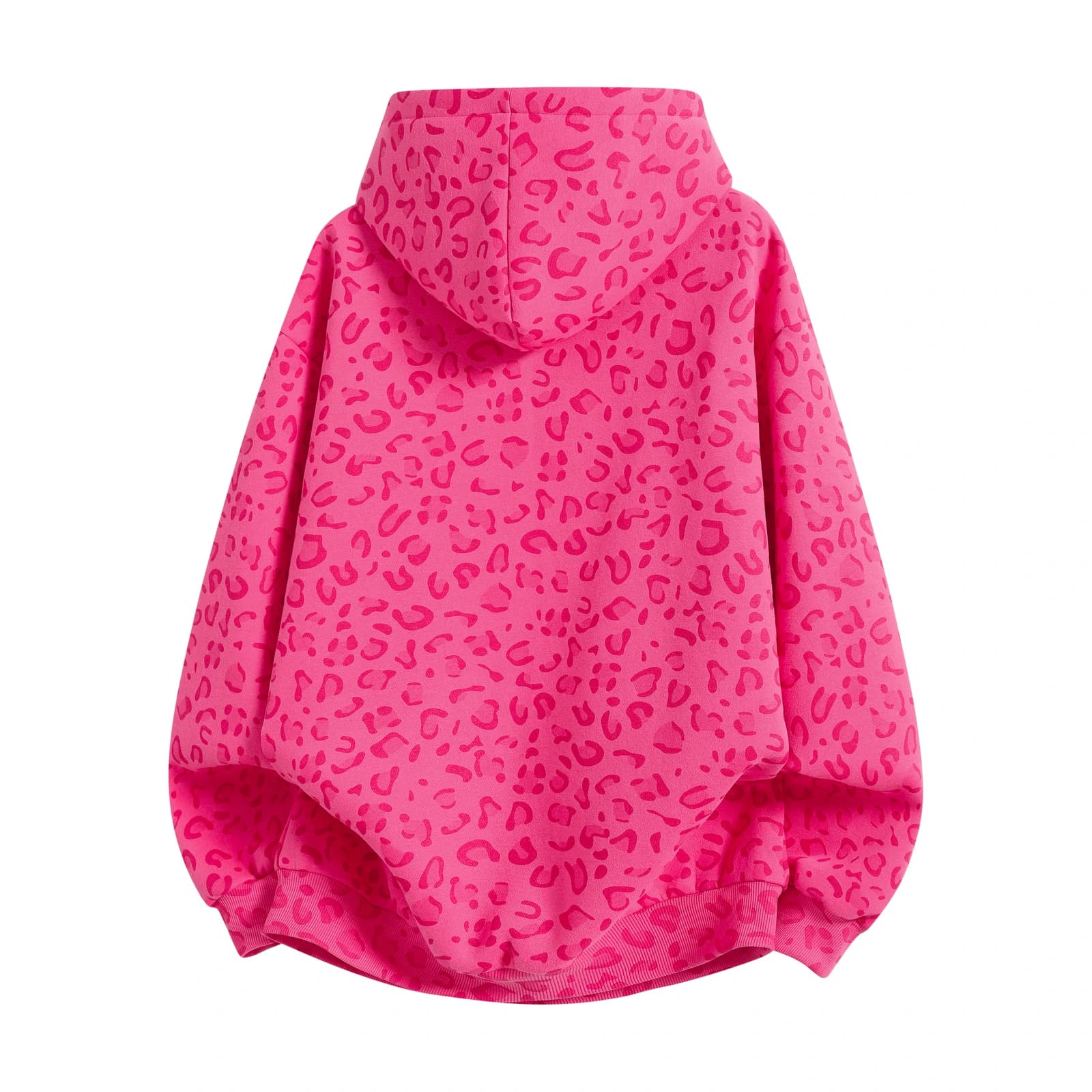Leopard Print Relaxed Zip-Up Hoodie in Hot Pink Leopard, back flat lay