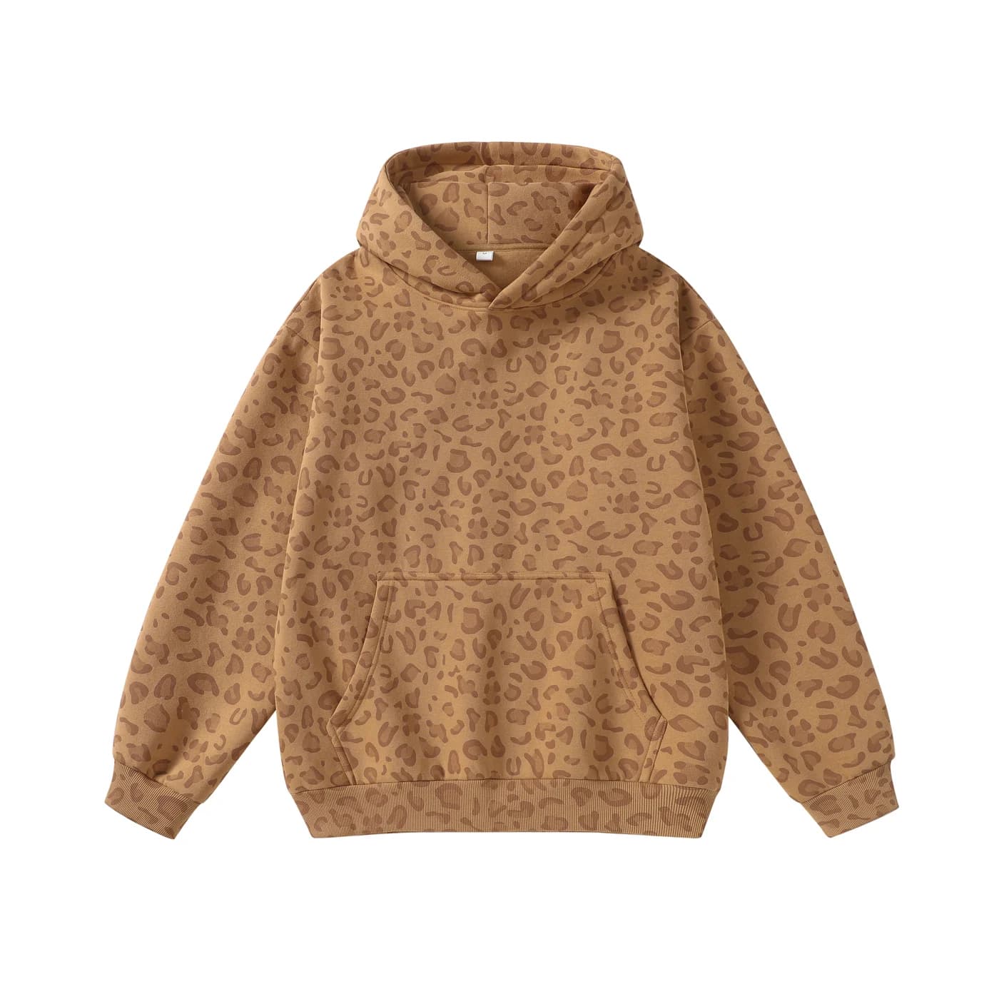 Leopard Print Relaxed Pullover Hoodie in Khaki Leopard, front flat lay