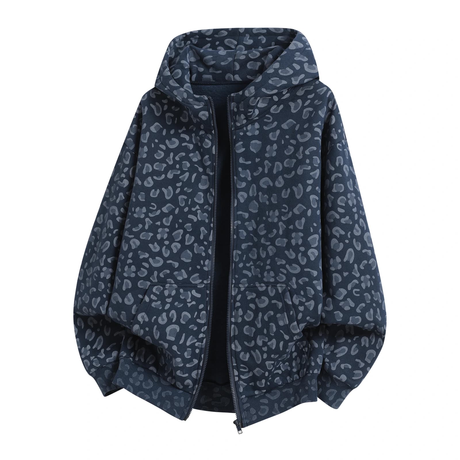 Leopard Print Relaxed Zip-Up Hoodie in Navy Leopard, front flat lay