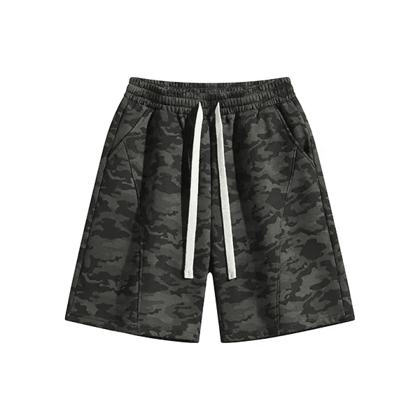 Relaxed Drawstring Shorts in Green Camouflage, front flat lay