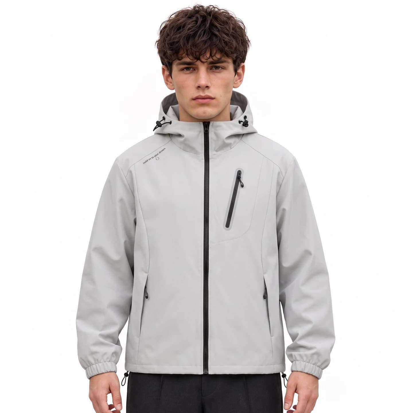 Relaxed Hooded Zip Jacket in Light Gray, relaxed men's fit
