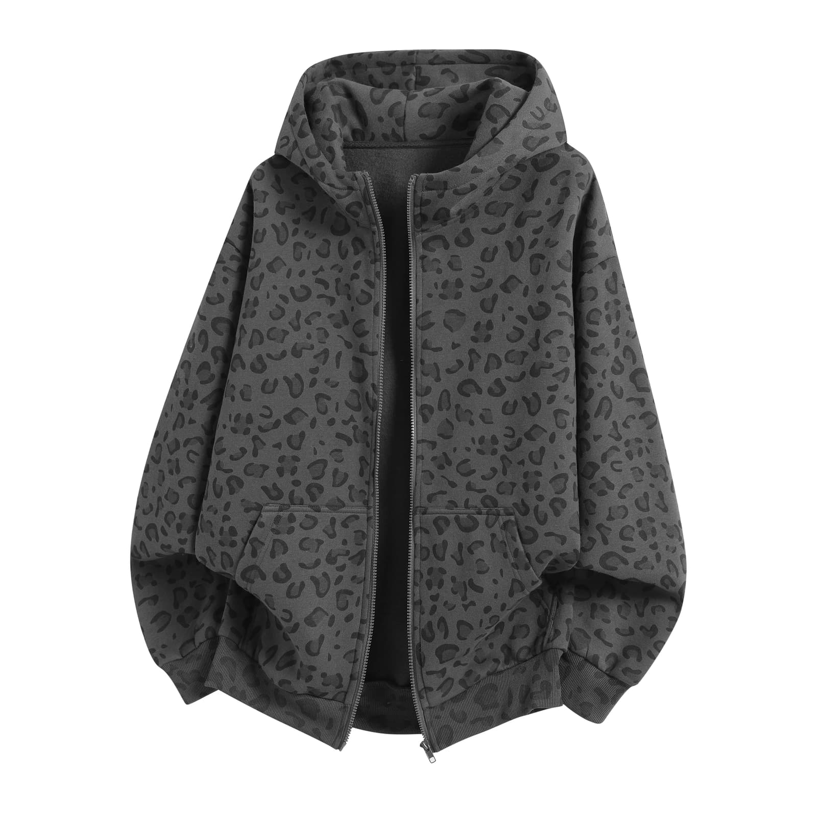 Leopard Print Relaxed Zip-Up Hoodie in Charcoal Leopard, front flat lay