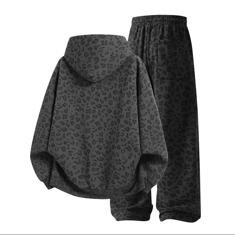 Leopard Print Hoodie & Wide-Leg Sweatpants Set in Charcoal Leopard, back flat lay