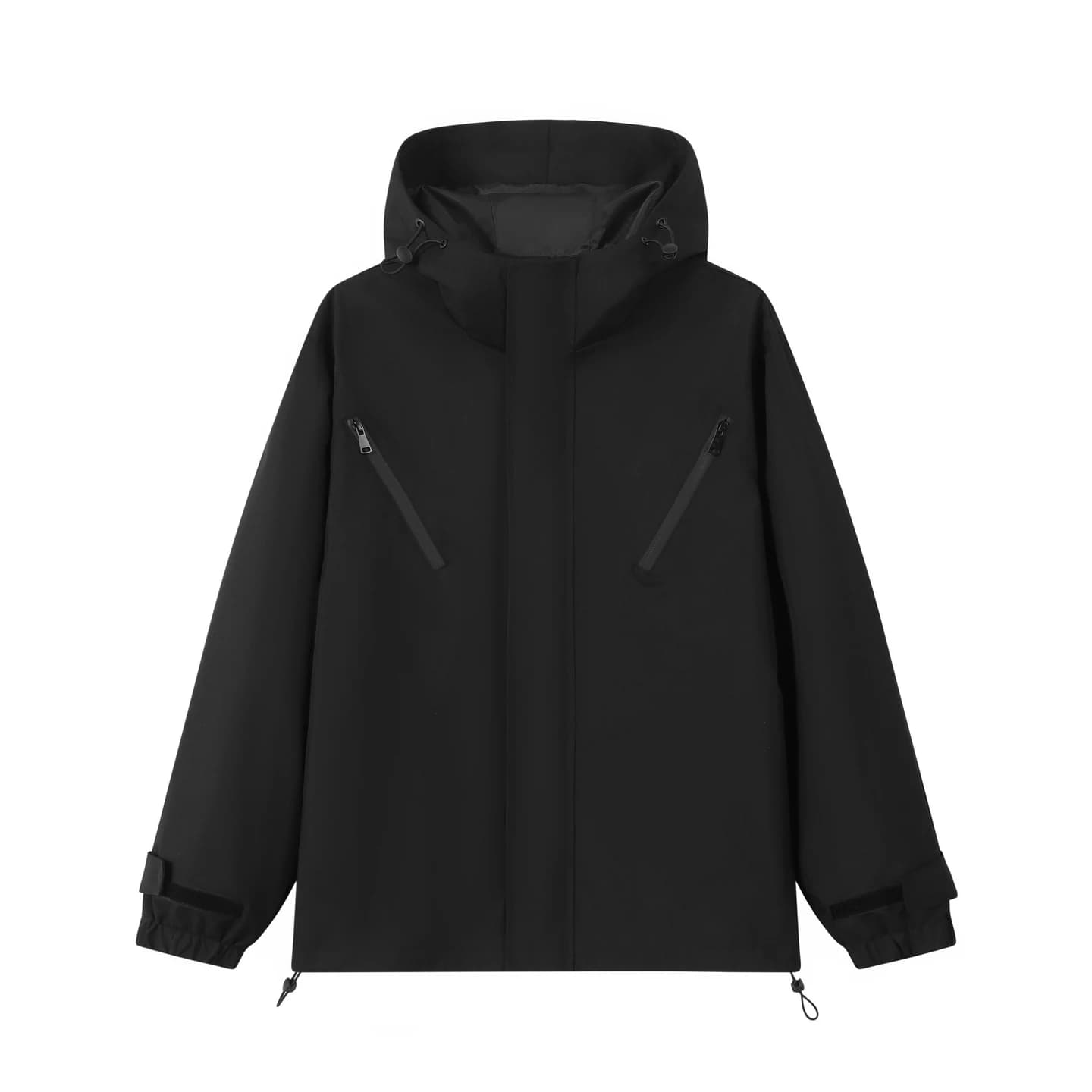 Relaxed Twin-Pocket Hooded Jacket in Black, front flat lay