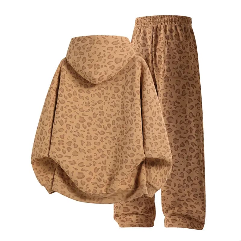 Leopard Print Hoodie & Wide-Leg Sweatpants Set in Khaki Leopard, back flat lay