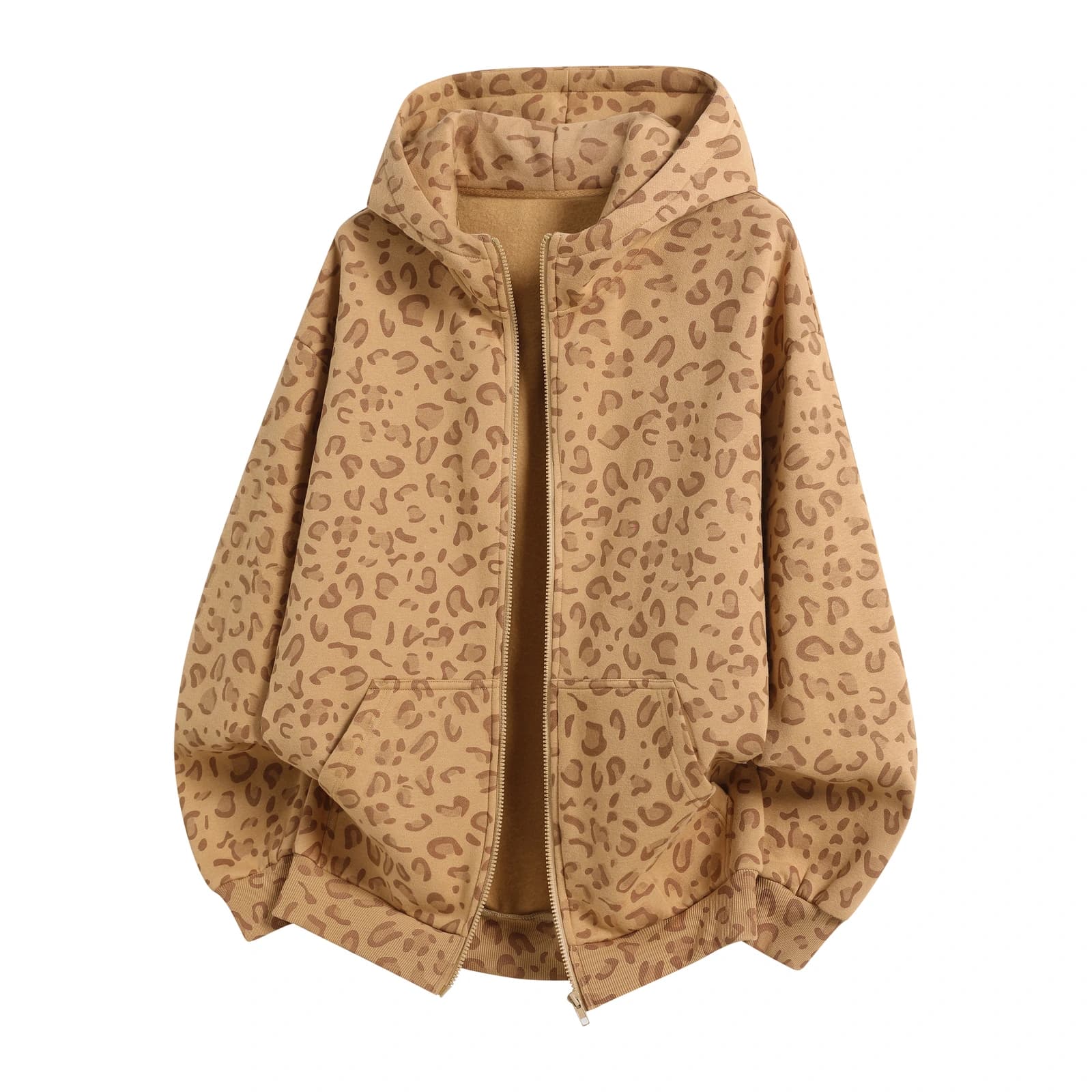 Leopard Print Relaxed Zip-Up Hoodie in Khaki Leopard, front flat lay
