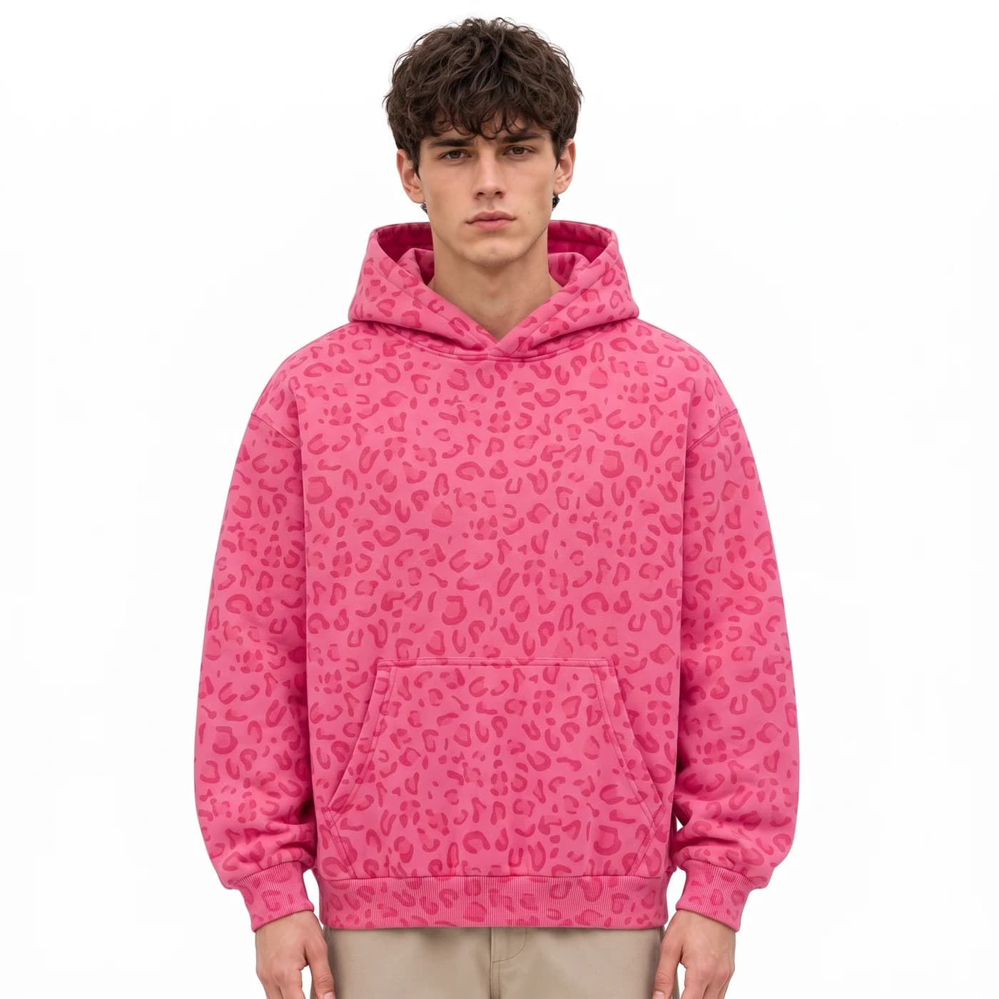 Leopard Print Relaxed Pullover Hoodie in Hot Pink Leopard, relaxed men's fit