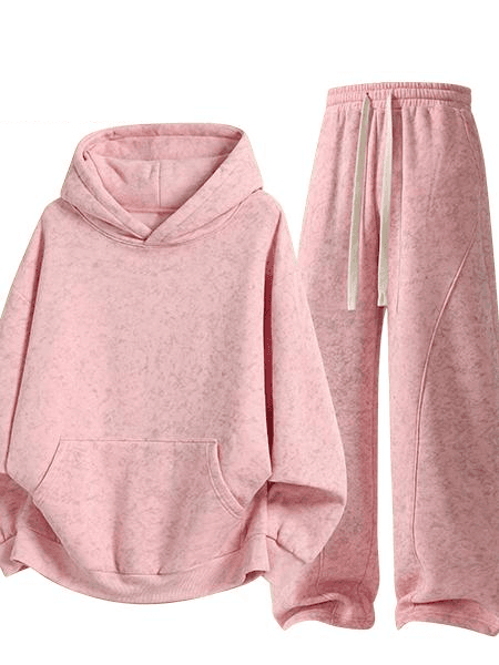 Marble Print Hoodie & Wide-Leg Sweatpants Set in Pink, front flat lay