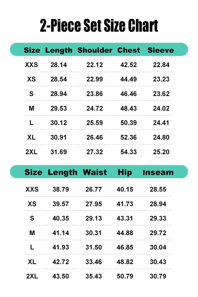 Two-piece set garment measurements in inches