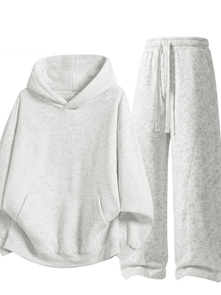 Marble Print Hoodie & Wide-Leg Sweatpants Set in Off-White, front flat lay