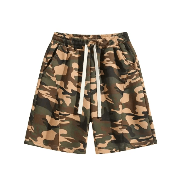 Relaxed Drawstring Shorts in Khaki Camouflage, front flat lay
