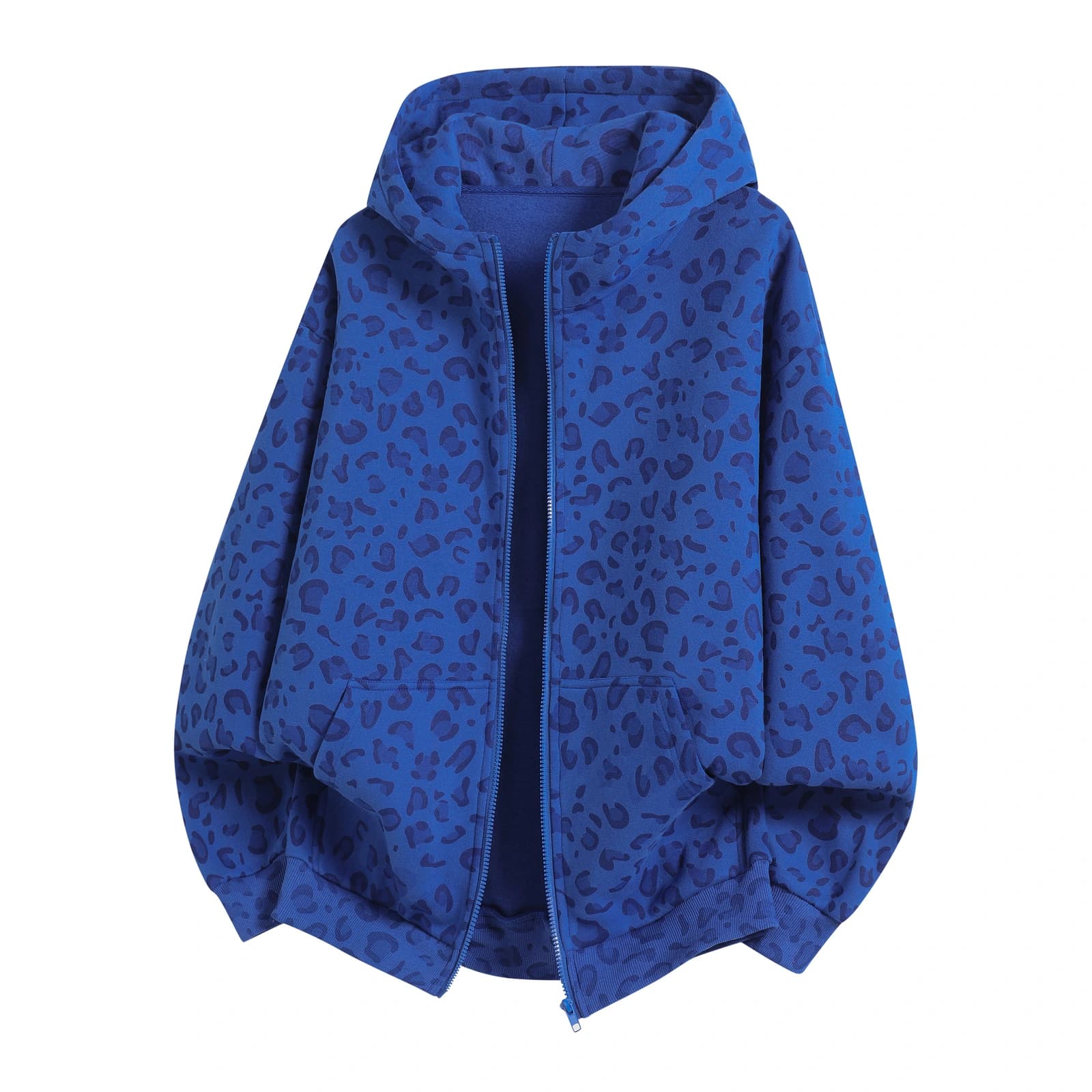 Leopard Print Relaxed Zip-Up Hoodie in Royal Blue Leopard, front flat lay