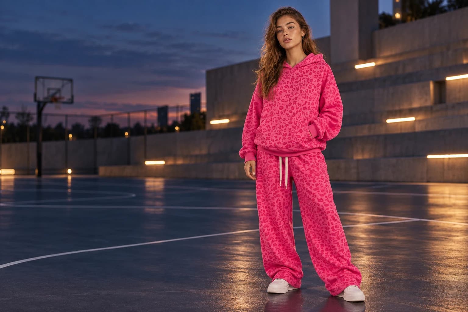 Female model in a relaxed hot pink leopard hoodie and wide-leg sweatpants on an evening court