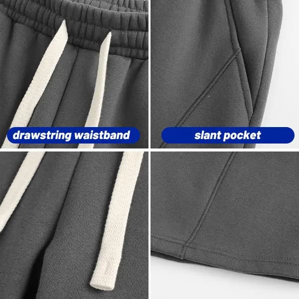 Drawstring waistband and slanted pocket details