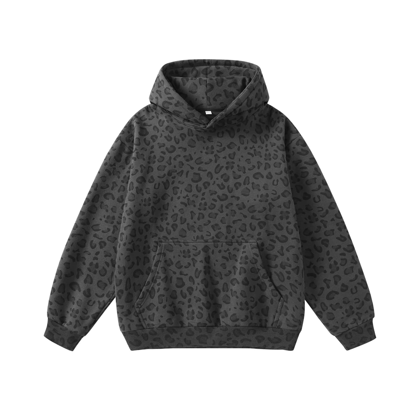 Leopard Print Relaxed Pullover Hoodie in Charcoal Leopard, front flat lay