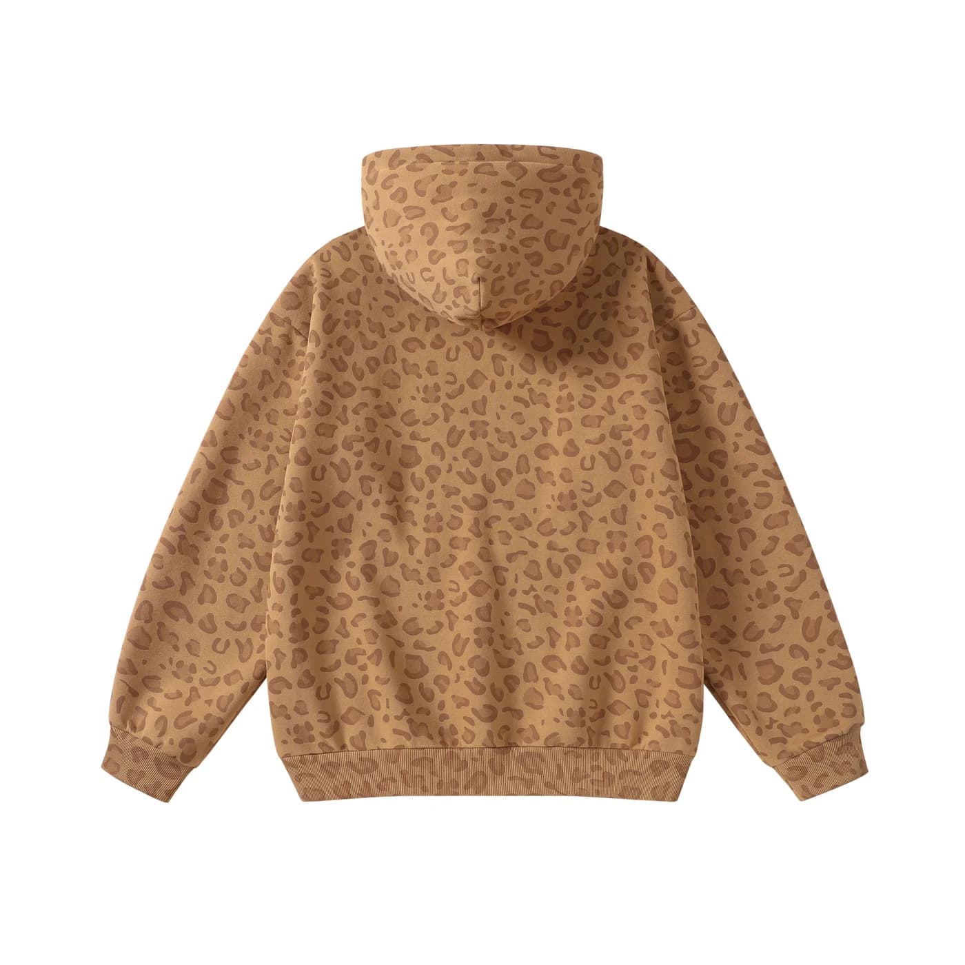 Leopard Print Relaxed Pullover Hoodie in Khaki Leopard, back flat lay