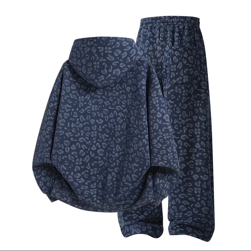 Leopard Print Hoodie & Wide-Leg Sweatpants Set in Navy Leopard, back flat lay
