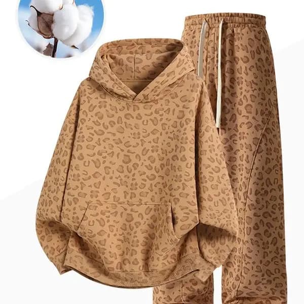 Leopard Print Hoodie & Wide-Leg Sweatpants Set in Khaki Leopard, front flat lay