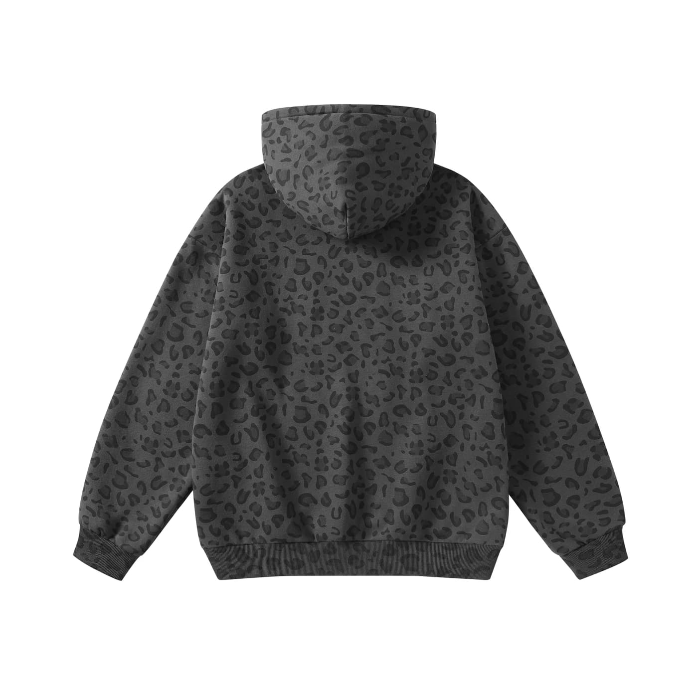 Leopard Print Relaxed Pullover Hoodie in Charcoal Leopard, back flat lay