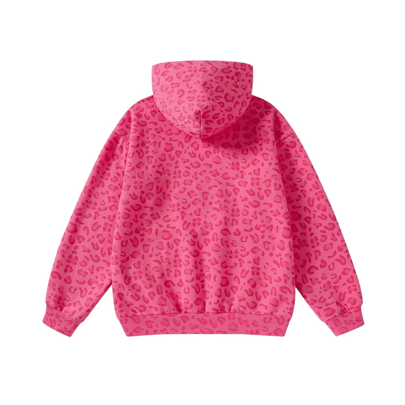 Leopard Print Relaxed Pullover Hoodie in Hot Pink Leopard, back flat lay
