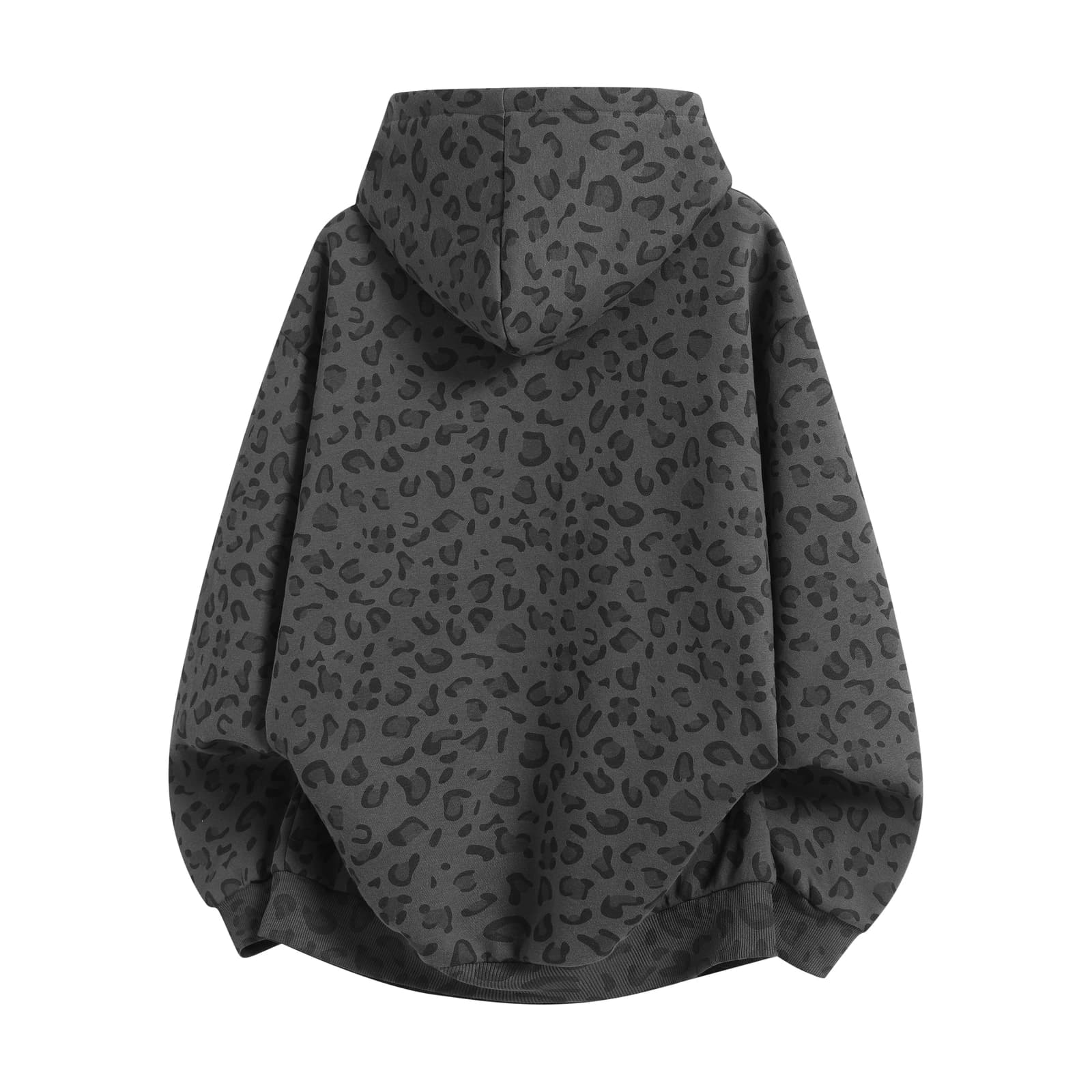 Leopard Print Relaxed Zip-Up Hoodie in Charcoal Leopard, back flat lay