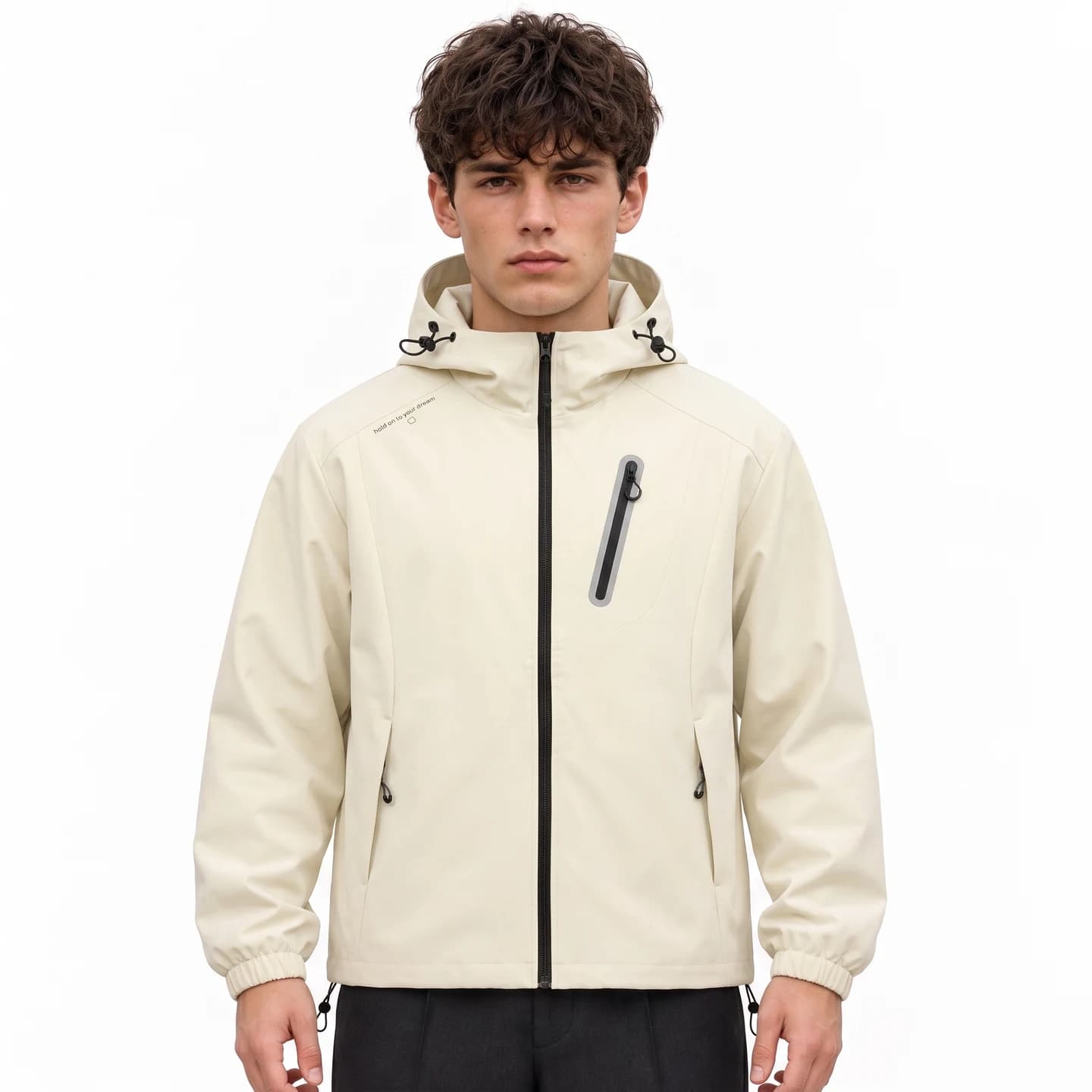 Relaxed Hooded Zip Jacket in Ivory, relaxed men's fit