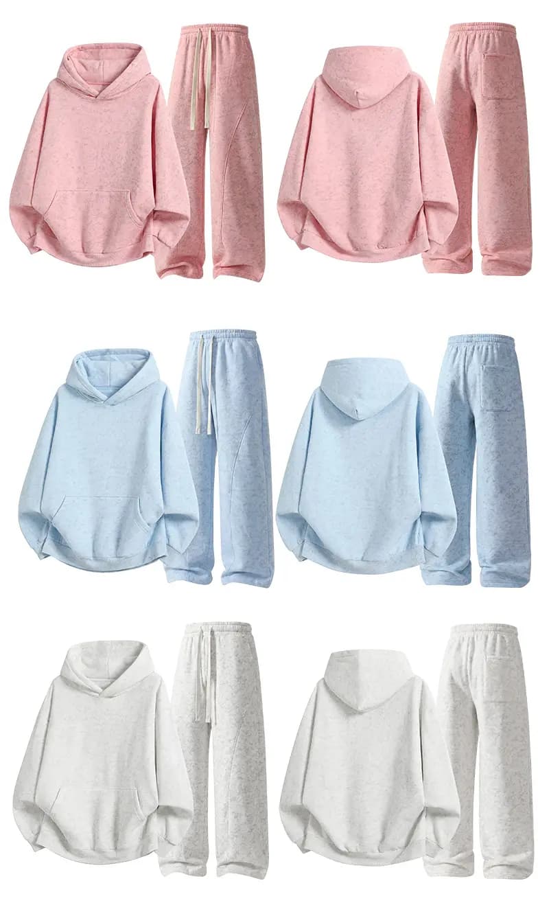 Pink, sky blue and off-white matching sets, front and back