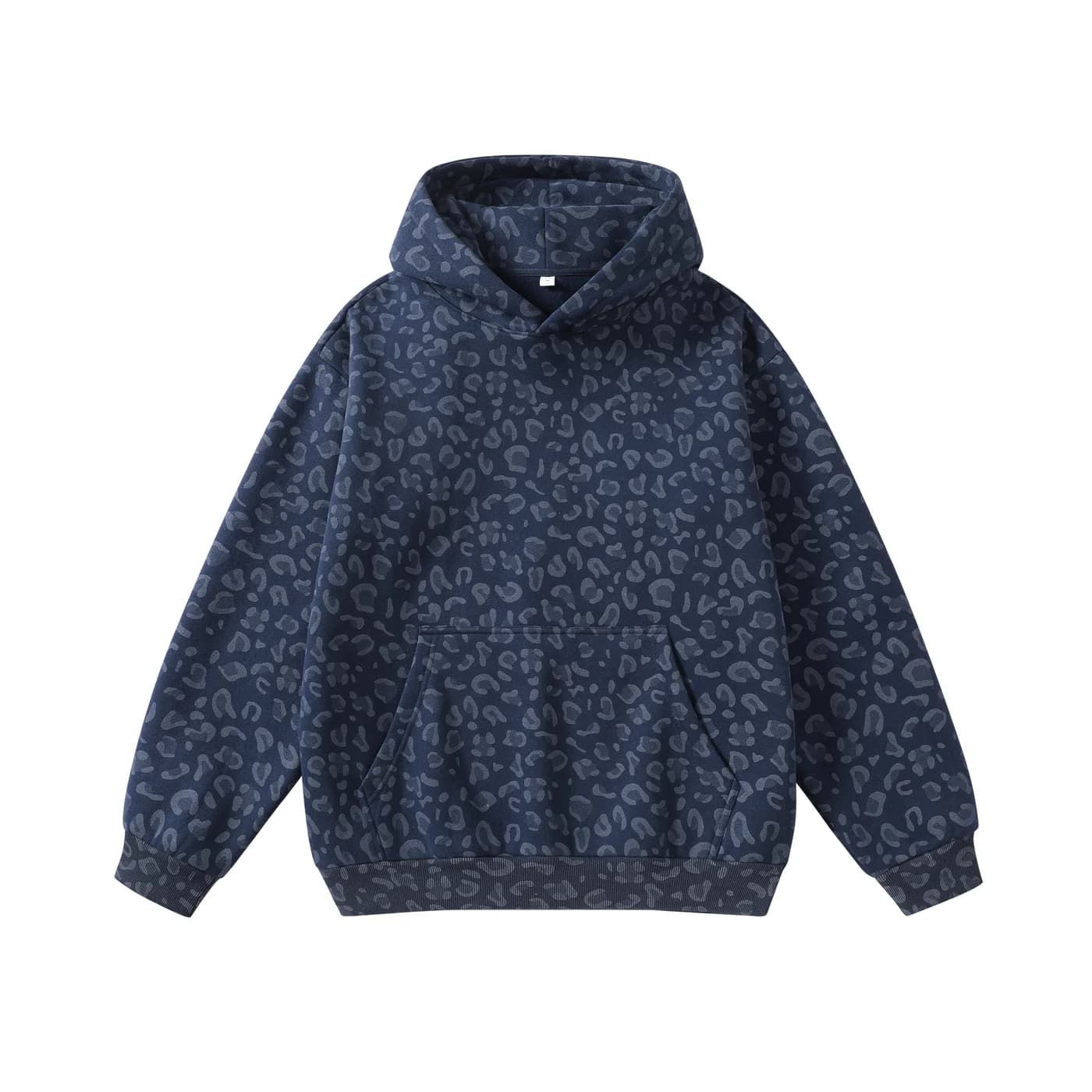 Leopard Print Relaxed Pullover Hoodie in Navy Leopard, front flat lay