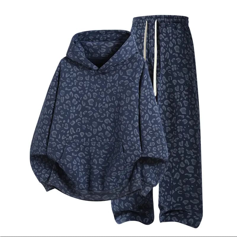 Leopard Print Hoodie & Wide-Leg Sweatpants Set in Navy Leopard, front flat lay