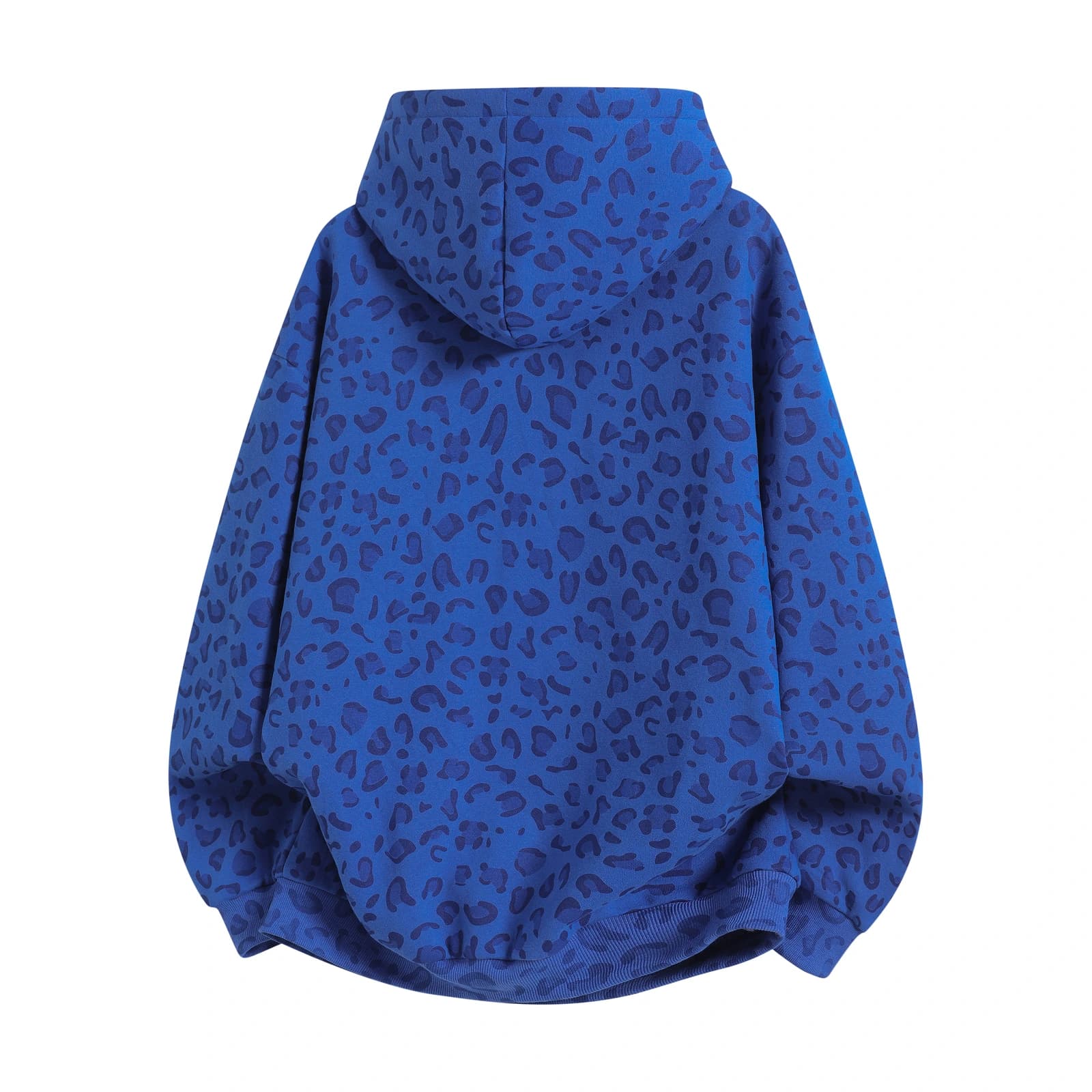 Leopard Print Relaxed Zip-Up Hoodie in Royal Blue Leopard, back flat lay