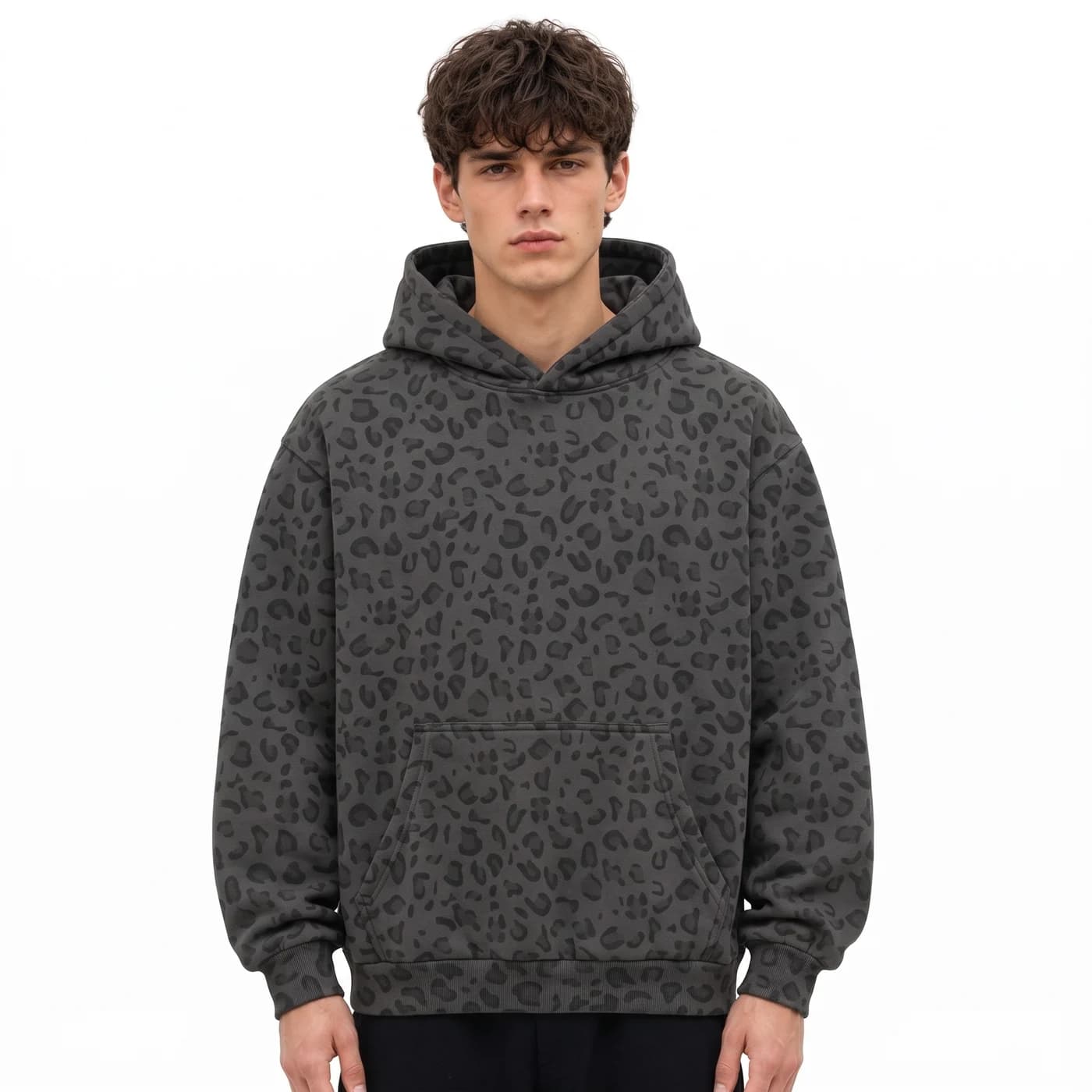 Leopard Print Relaxed Pullover Hoodie in Charcoal Leopard, relaxed men's fit