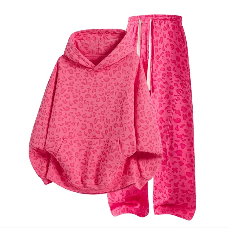 Leopard Print Hoodie & Wide-Leg Sweatpants Set in Hot Pink Leopard, front flat lay